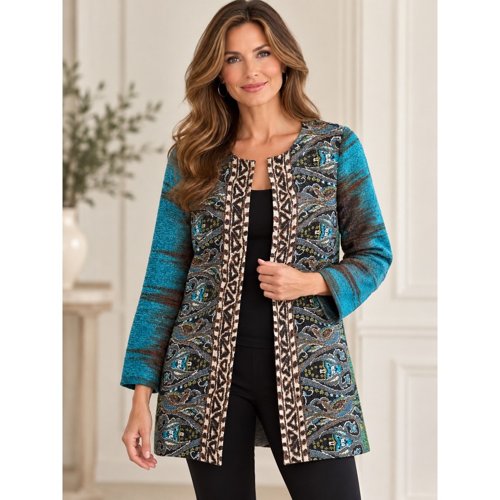 Chico's Travelers Crushed Paisley Jacket Sz 0 Small Teal Brown Boho